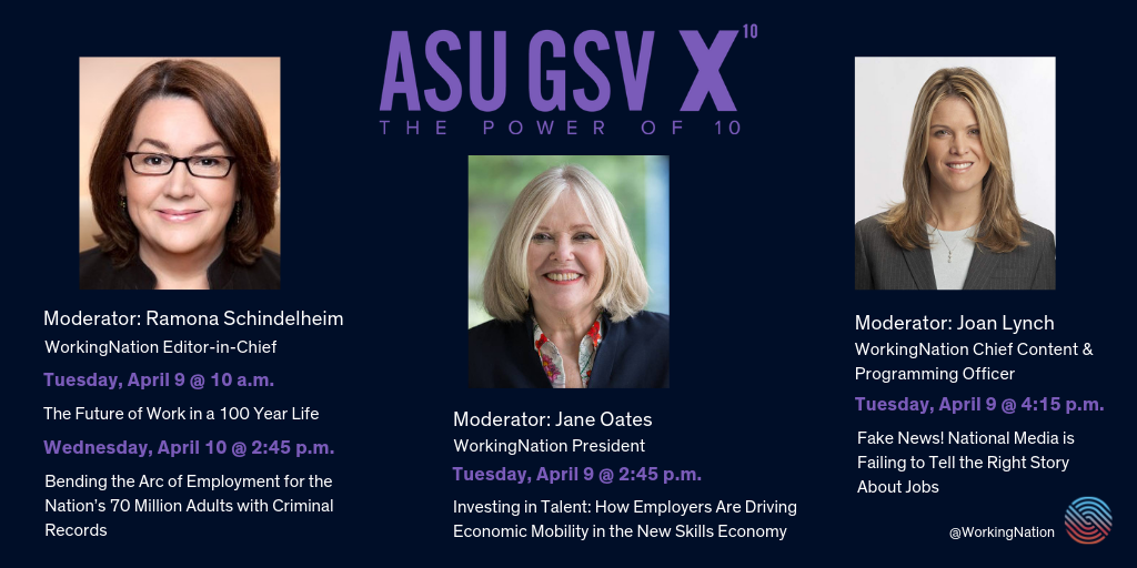 Graphic of each of WorkingNation's panels, with moderator photos, at 2019 ASU GSV Summit.
