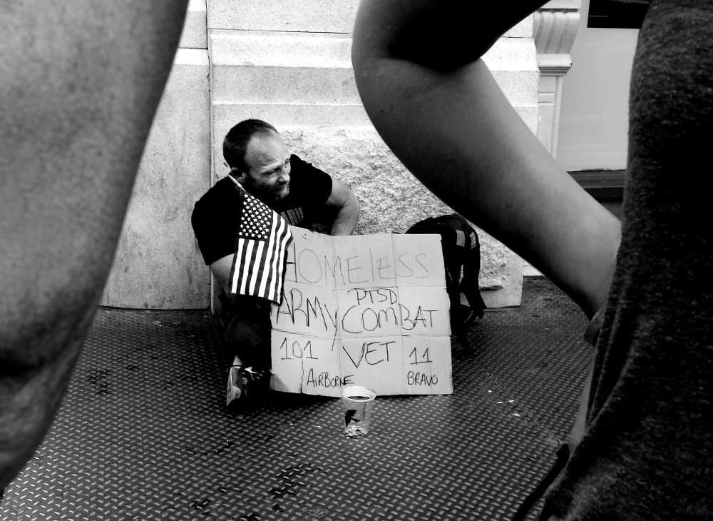 Homeless veteran in New York City asks for help.