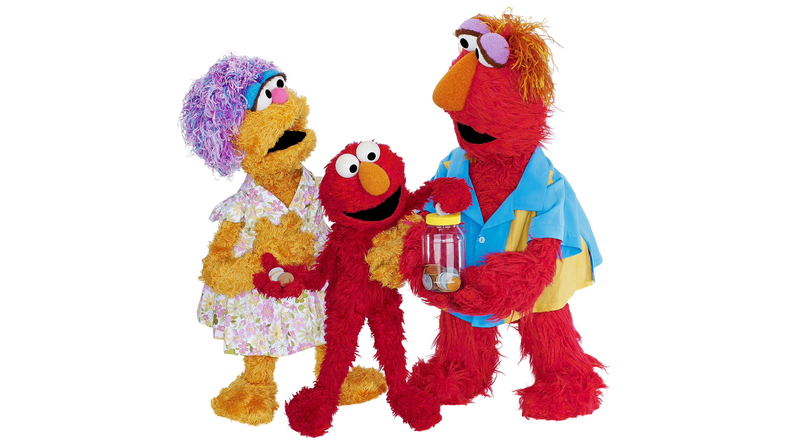 Muppet characters putting change in jar, piggy bank