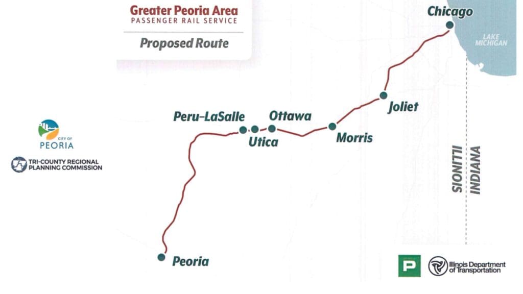 Map of the proposed Greater Peoria Passenger Rail Service