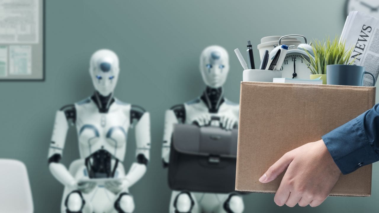 Two AI robots and a fired human worker