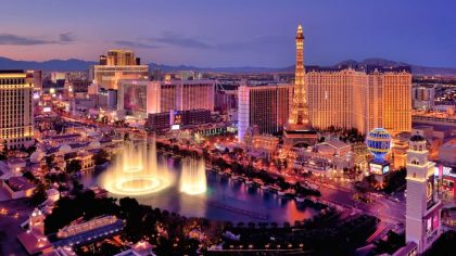 USA, Nevada, Las Vegas, Elevated view of illuminated cityscape with Fountains of Bellagio